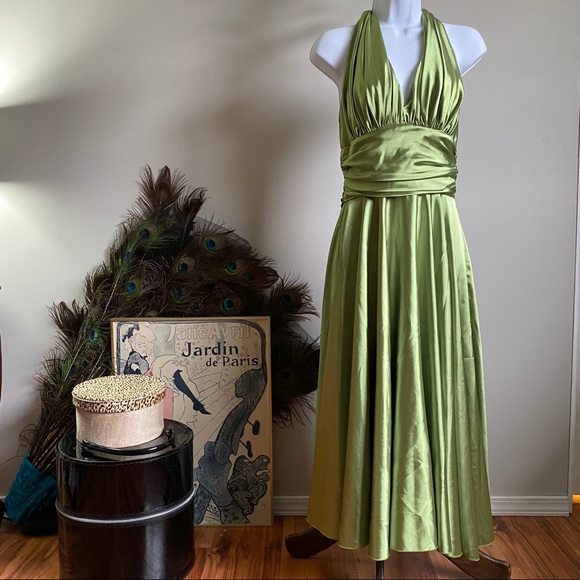 Vintage Dresses & Skirts - ASPEED USA green satin halter formal dress